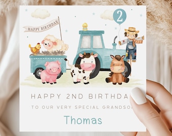 Tarjeta de cumpleaños con tractor azul, animales de granja personalizados para 1.º, 2.º, 3.º, 4.º cumpleaños (cualquier edad) para hijo, nieto, sobrino, hermano, niños.