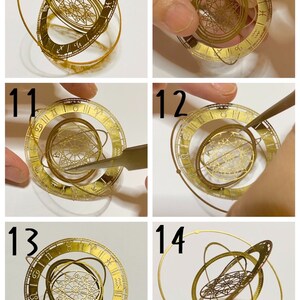 Op de afbeelding: Een stapsgewijze handleiding voor het assembleren van een gouden metalen model van een hemelbol. Het model heeft een gedetailleerd ontwerp met Romeinse cijfers en dierenriemsymbolen. Het model wordt geassembleerd met een pincet.