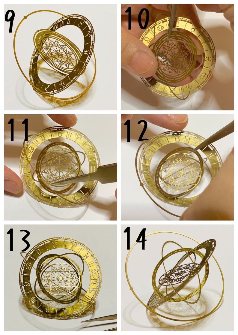 Op de afbeelding: Een stapsgewijze handleiding voor het assembleren van een gouden metalen model van een hemelbol. Het model heeft een gedetailleerd ontwerp met Romeinse cijfers en dierenriemsymbolen. Het model wordt geassembleerd met een pincet.