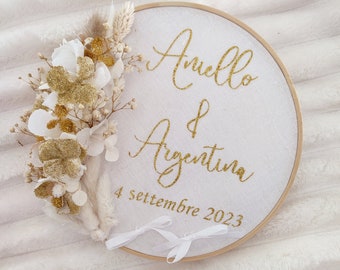 Personalized wedding ring holder in white dried flowers, chic and trendy wedding ring holder in sequins, ring holder