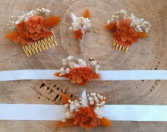 Terracotta collection of dried flower wedding accessories, hair combs, buttonholes, wedding bracelets, hair clips, witness gifts