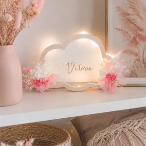 Può includere: Un'insegna in legno a forma di nuvola con il nome "Victoria" in corsivo, illuminata da piccole luci. È decorata con composizioni floreali rosa e bianche. Sono visibili anche un vaso rosa con fiori secchi e un'immagine incorniciata.