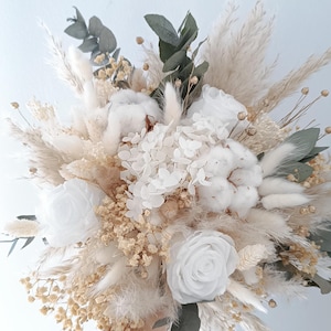 Hochzeitsstrauß, Getrockneter Blumenstrauß, Konservierter Blumenbrautstrauß, Boho-Strauß, Handarbeit, Weiße Baumwollblumen
