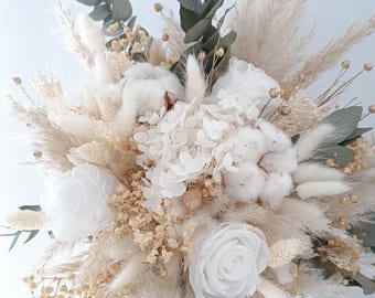 Bouquet de mariage, Bouquet en fleurs séchées, bouquet de mariée en fleurs stabilisées, bouquet bohème, fait main, fleurs blanches de coton