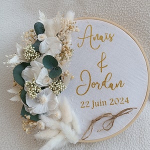 Personalized wedding ring holder in dried eucalyptus flowers, bohemian and country wood ring holder with embroidery and sequin tulle image 5