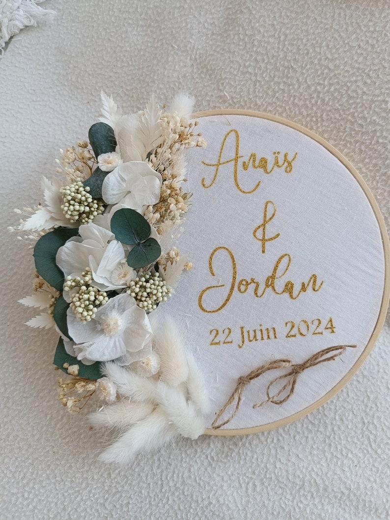 Personalized wedding ring holder in dried eucalyptus flowers, bohemian and country wood ring holder with embroidery and sequin tulle image 5