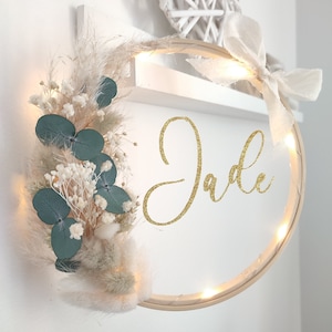 Crown of natural dried green eucalyptus flowers with golden glitter first name, baby room decoration, birth and birthday gift