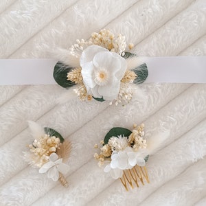 Eucalyptus collection, dried flower wedding accessories, hair combs, buttonholes, wedding bracelets, hair clips, witness gift