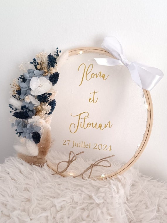 Coussin Porte-Alliance Vintage Lin Avec Nœud Et Fleurs - Panier Mariage Style Champêtre