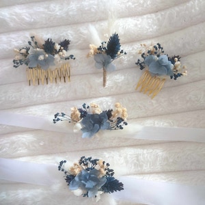 NUIT collection dried flower wedding accessories, hair combs, buttonholes, wedding bracelets, hair barrettes, witness gift