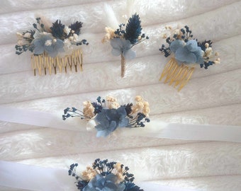 NUIT collection dried flower wedding accessories, hair combs, buttonholes, wedding bracelets, hair barrettes, witness gift