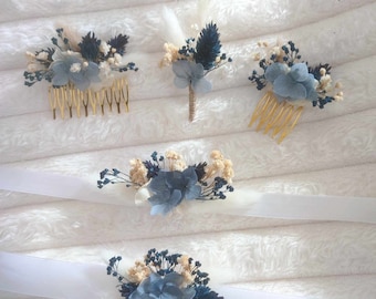 NUIT collection dried flower wedding accessories, hair combs, buttonholes, wedding bracelets, hair barrettes, witness gift