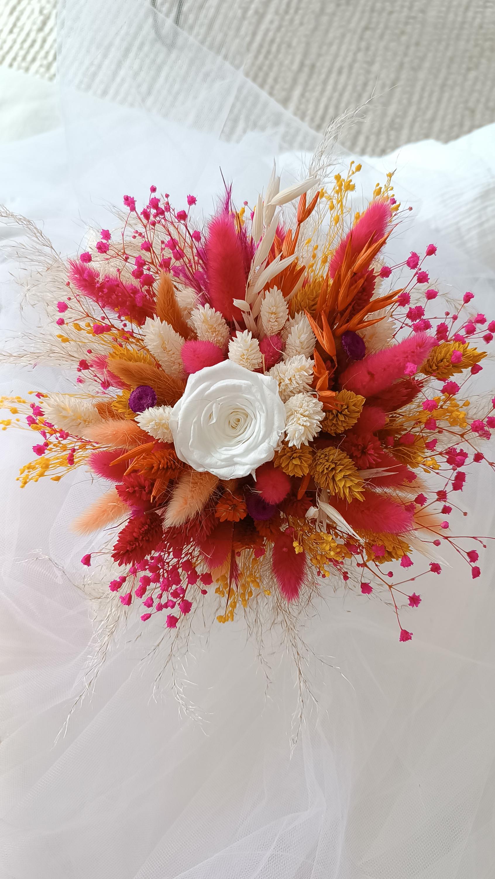 Wedding bouquet, Dried flower bouquet, preserved flower bridal bouquet, boho bouquet, orange, terracotta and fuschia flower