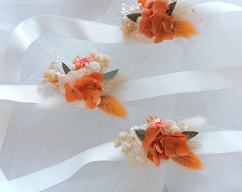 Ensemble floral mariage personnalisé en fleurs séchées orange terracotta,bouquet de mariée, accessoire mariage, déco mariage, porte alliance