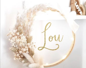Crown of natural dried flowers with golden glitter name, baby room decoration, personalized birth gift, Christmas, Christmas idea