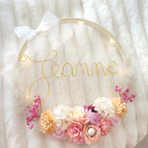 First name crown in dried flowers, children's room decoration, baby birth gift, personalized first name gift, terracotta, baby first name