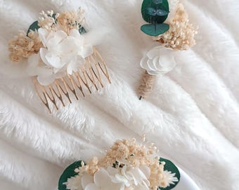 Eucalyptus collection, dried flower wedding accessories, hair combs, buttonholes, wedding bracelets, hair clips, witness gift