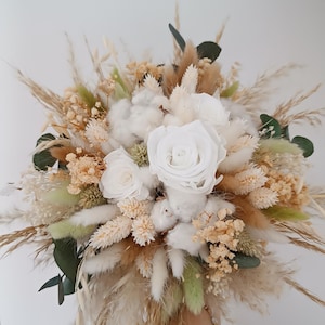 Hochzeitsstrauß, Getrockneter Blumenstrauß, Konservierter Blumenbrautstrauß, Boho-Strauß, Handarbeit, Weiße Baumwollblumen