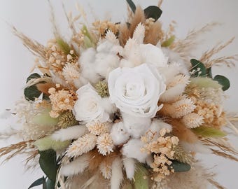 Wedding bouquet, Dried flower bouquet, Preserved flower bridal bouquet, Boho bouquet, Handmade, White cotton flowers