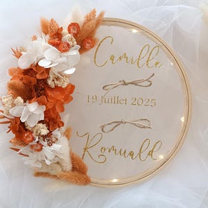 Portafedi personalizzato in terracotta fiori secchi, portafedi bohémien e country in legno con ricami, tulle con paillettes