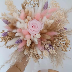 Bouquet da sposa, bouquet di fiori secchi, bouquet da sposa con fiori conservati, bouquet boho, viola e parma con un tocco di rosa