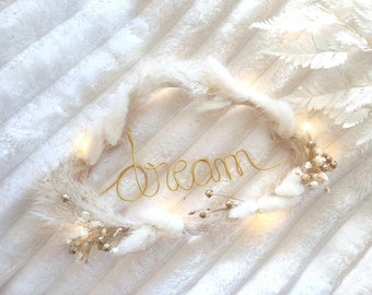 Crown of natural dried flowers with golden glitter first name, baby room decoration, cloud, Christmas, personalized gift, birthday