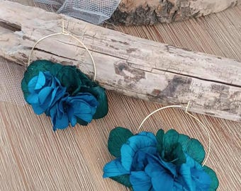 Pendientes colgantes de flores de hortensia estabilizadas - aros de flores secas verdes y azules - regalo de Navidad - joyería para mujer
