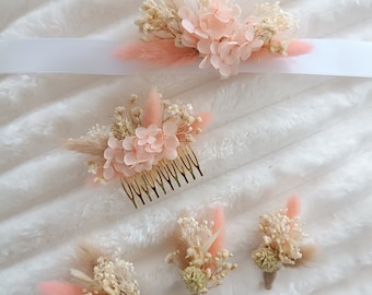Collection Rose accessoires fleurs séchées mariages, Peignes cheveux, boutonnières, bracelets mariage, barrettes cheveux, cadeau témoin