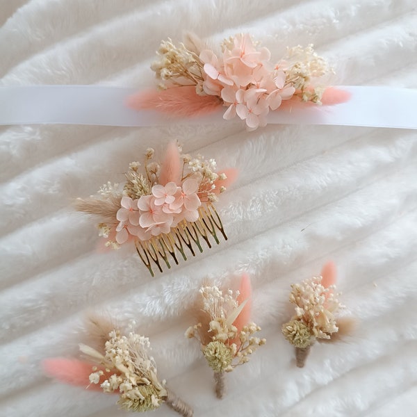 Rose collection dried flower wedding accessories, hair combs, buttonholes, wedding bracelets, hair barrettes, witness gift