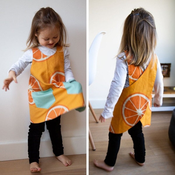 Toddler Apron | Cross Back Apron- No Ties Apron | Pinafore Apron | Apron With Pockets | 2 year old gift | 2-7 year old gift | Oranges