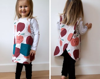 Toddler Apron, Cross Back Apron- No Ties Apron, Pinafore Apron, Apron With Pockets, 2 year old gift, 4 year old gift, Apples