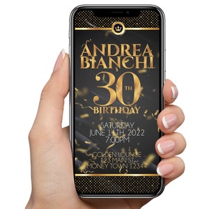 K&ouml;nnte beinhalten: Ein Smartphone zeigt eine digitale Einladung zum 30. Geburtstag von Andrea Bianchi. Das Design zeigt goldenen Text und Konfetti auf schwarzem Hintergrund. Die Einladung enth&auml;lt Datum, Uhrzeit und Veranstaltungsort.