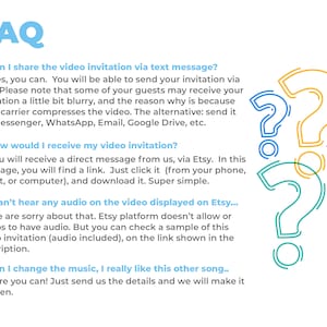 K&ouml;nnte beinhalten: Wei&szlig;er Hintergrund mit dem Wort "FAQ" in Blau. Das Bild enth&auml;lt Fragen und Antworten zu Videoeinladungen, mit farbenfrohen Fragezeichen-Grafiken.