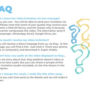 May include: White background with the word "FAQ" in blue. The image contains questions and answers about video invitations, with colorful question mark graphics.