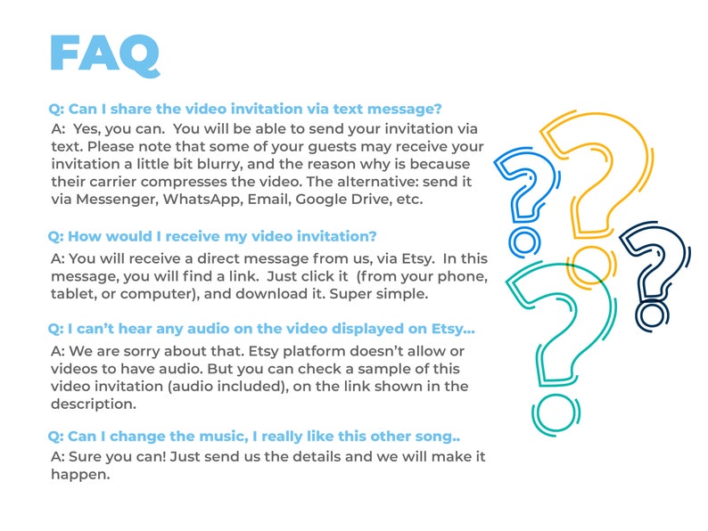 May include: White background with the word "FAQ" in blue. The image contains questions and answers about video invitations, with colorful question mark graphics.