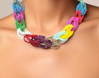 Colorful Beaded Braided Necklace with Mixed Hues - Handmade Jewelry