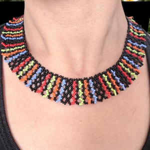 Vibrant Beaded Necklace with Multi-Colored Geometric Pattern – Handmade Statement Jewelry