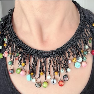 Boho Black Crochet Necklace: Colorful Beaded Festival Jewelry