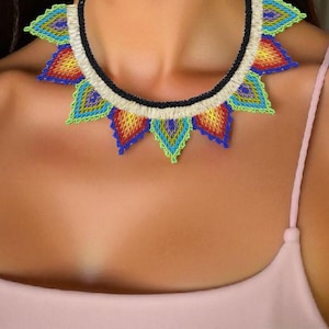 Bold Beaded Sunburst Necklace – Statement Handmade Jewelry with Rainbow Tribal Pattern, Seed Bead Collar Necklace, Boho Festival Accessory