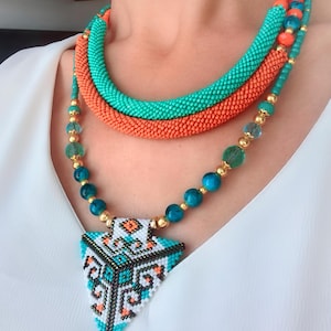 Boho Woven Miyuki Bead Necklace: Turquoise, Orange & Black