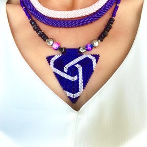 Handmade Beaded Statement Necklace – Purple Geometric Miyuki Triangle Pendant – Unique Ethnic Jewelry
