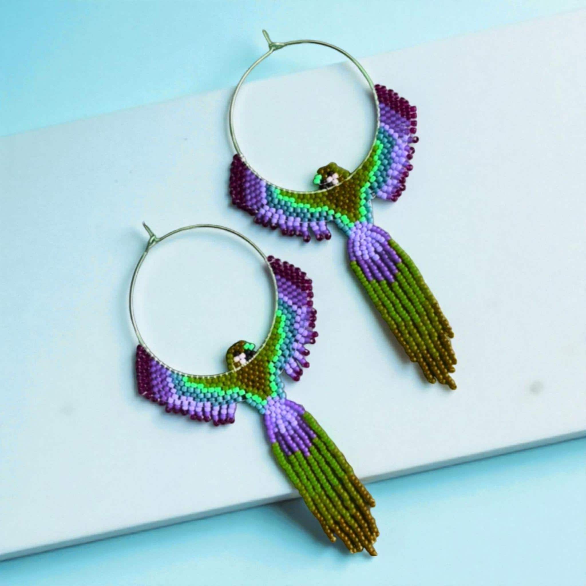 Handmade Miyuki Beaded Bird Hoop Earrings - Boho Dangle Jewelry