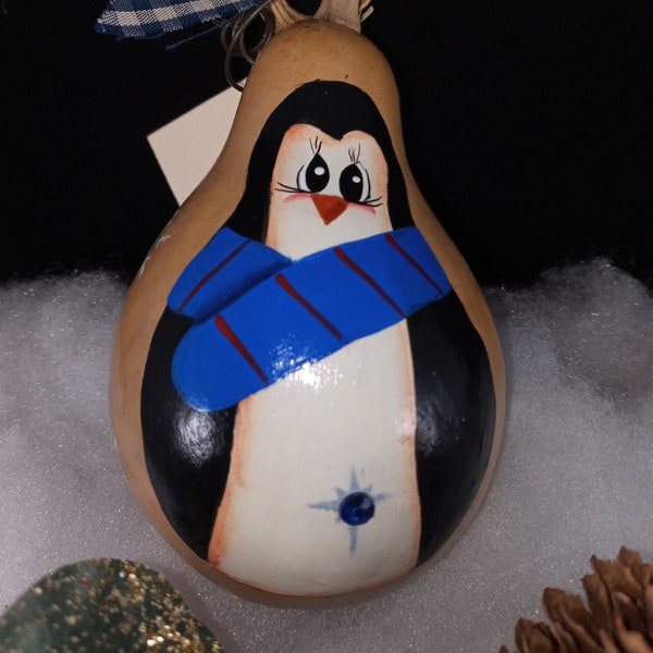 SWEET PENGUIN ORNAMENT hand painted miniature gourd decoration