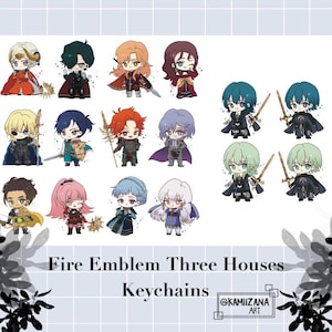 May include: A set of 16 Fire Emblem Three Houses keychains featuring characters from the game. The keychains are colourful and feature a variety of characters, including male and female characters. The keychains are all in a chibi style, with large heads and small bodies. The keychains are perfect for fans of the Fire Emblem series.