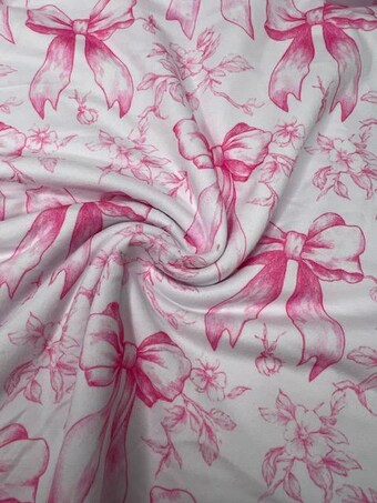 Pink Bow Floral DBP Knit Fabric: Shabby Chic Polyester Spandex Blend on double brushed poly fabric