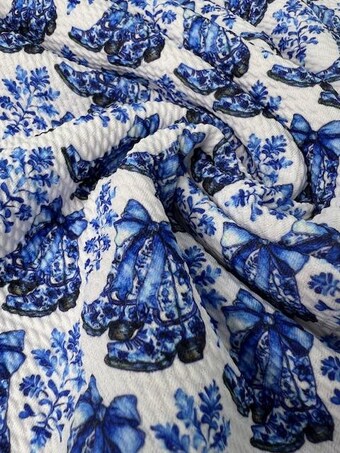 Blue & White Chinoiserie Cowboy Boot Bullet Knit Fabric - 58" Wide Western Print by the Yard on bullet liverpool knit fabric