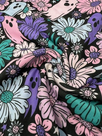 Groovy Ghost & Daisy DBP Fabric - 58-60" Wide Soft Knit - Pastel Spooky Floral Print on double brushed poly fabric