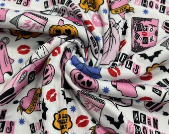 Pink Ghost Halloween DBP Fabric - 58-60&quot; Wide Soft Knit - Spooky Fun & Car Print, Super Stretchy and Soft!