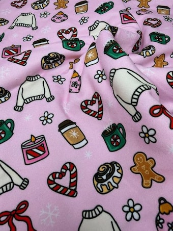 Mini Christmas Cozy Doodles DBP Fabric by the Yard on double brushed poly fabric