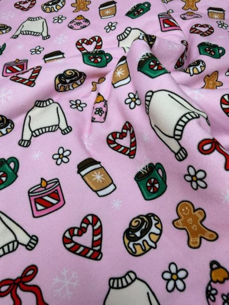 Mini Christmas Cozy Doodles DBP Fabric by the Yard on double brushed poly fabric